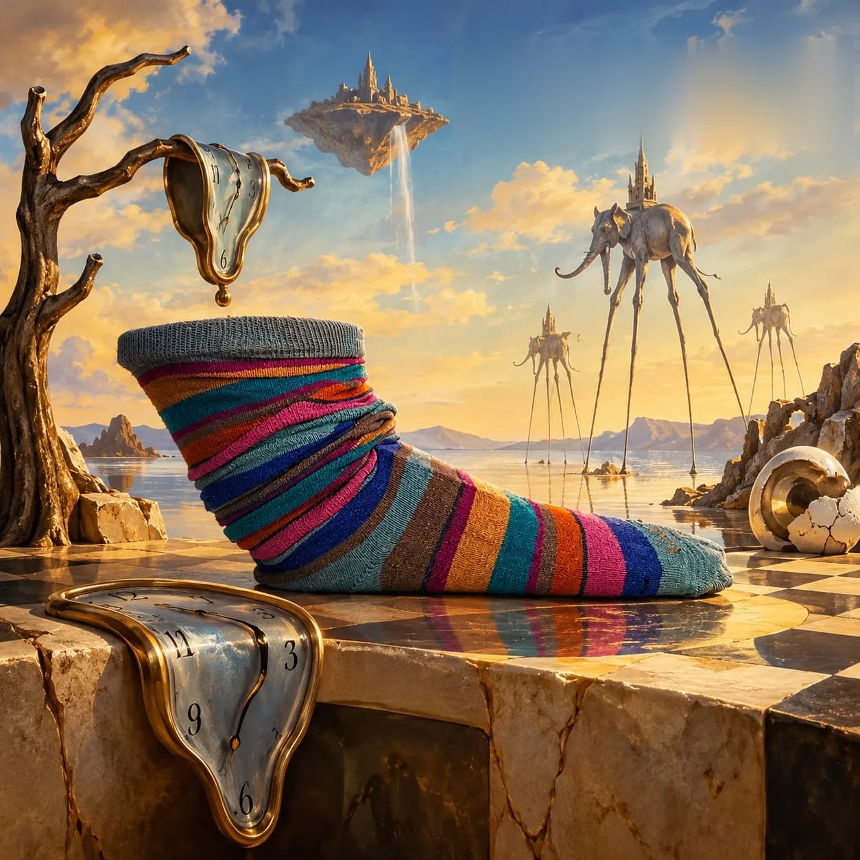 Sock Deck Box, porta mazzo a forma di calzino in un paesaggio surrealista con orologi molli ed elefanti dalle gambe lunghe